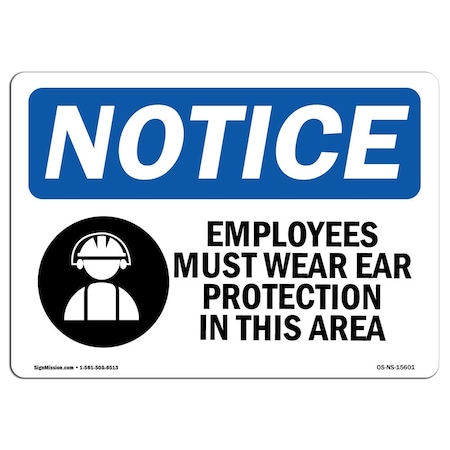 Signmission OSHA Sign, Employees Must Wear Ear Protection, 10in X 7in Decal, 10" W, 7" H, Landscape OS-NS-D-710-L-15601